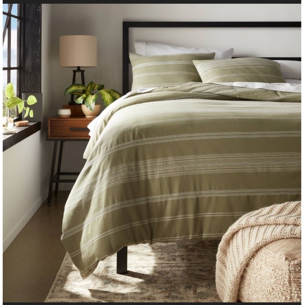 Threshold Duvet Cover Set King Moss Green Cotton Woven Stripe 3pc NWT